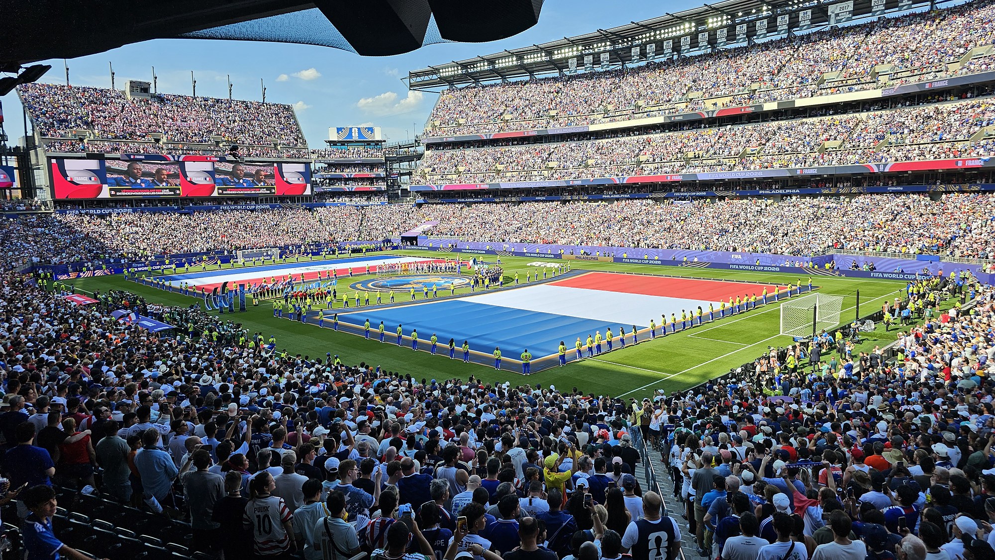 A giant French flag unfurled across the pitch at Lincoln Financial Field