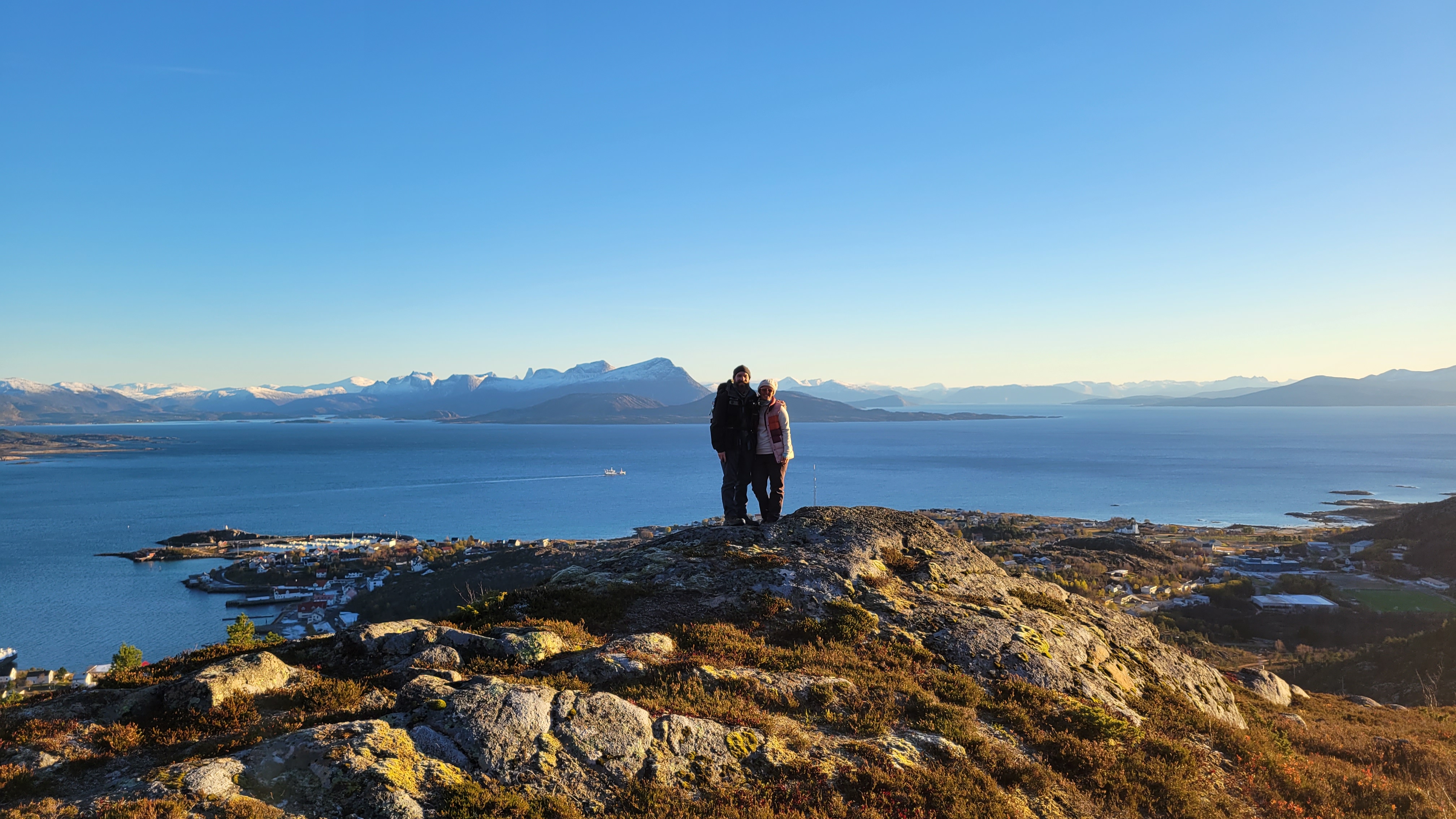 Brian and Jennifer Schwan on the Norwegian coast near L&oslash;dingen