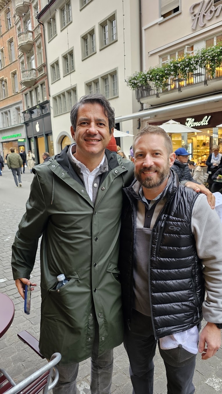 Brian with his exchange student friend in Switzerland, catching up after years apart