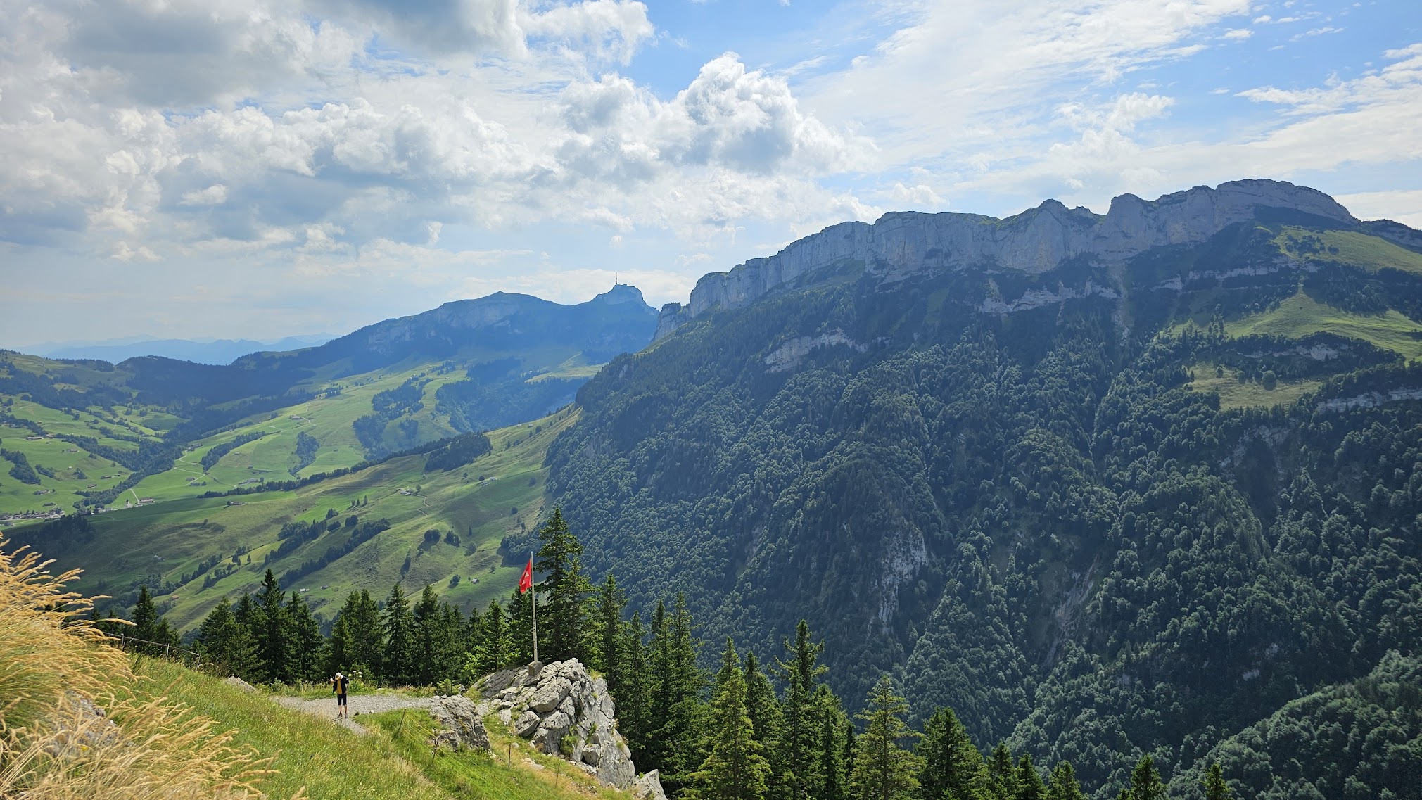 A pastoral Swiss landscape with rolling green hills, a lake, and alpine peaks in the distance