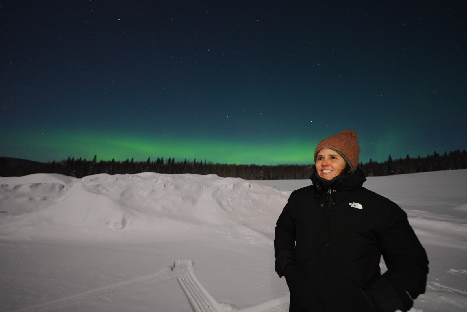 Jennifer Schwan standing under the aurora on a snowfield at night